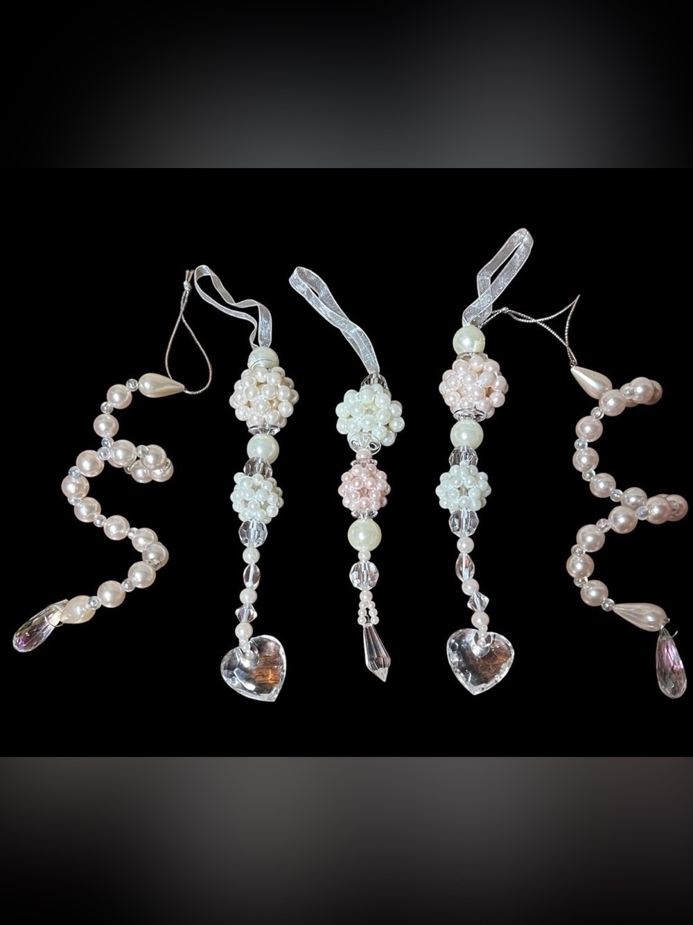 Vintage Pink and White Beaded Christmas Ornaments - 8
